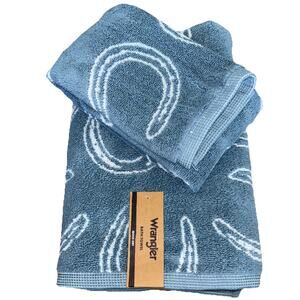 Wrangler Blue Horseshoe 2 Bath 1 Hand Towel Set Cowboy Horse Shoe Western NEW